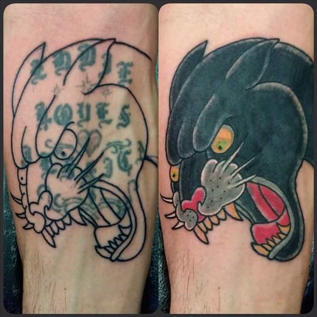 Traditional color panther coverup tattoo Mike Riedl Art Junkies Tattoo by  Mike Riedl  Tattoos